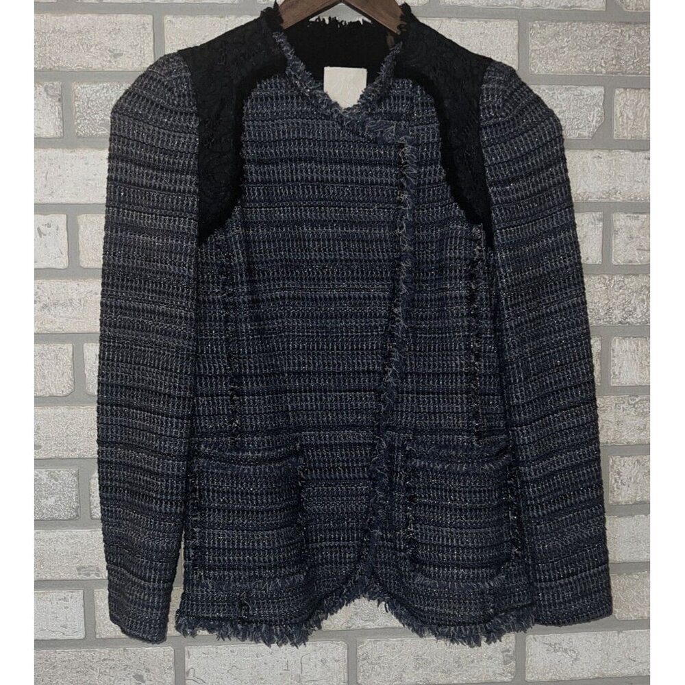 REBECCA TAYLOR MULTI TWEED BLAZER JACKET NAVY/SILVER /BLACK FRINGED EDGES SZ 0